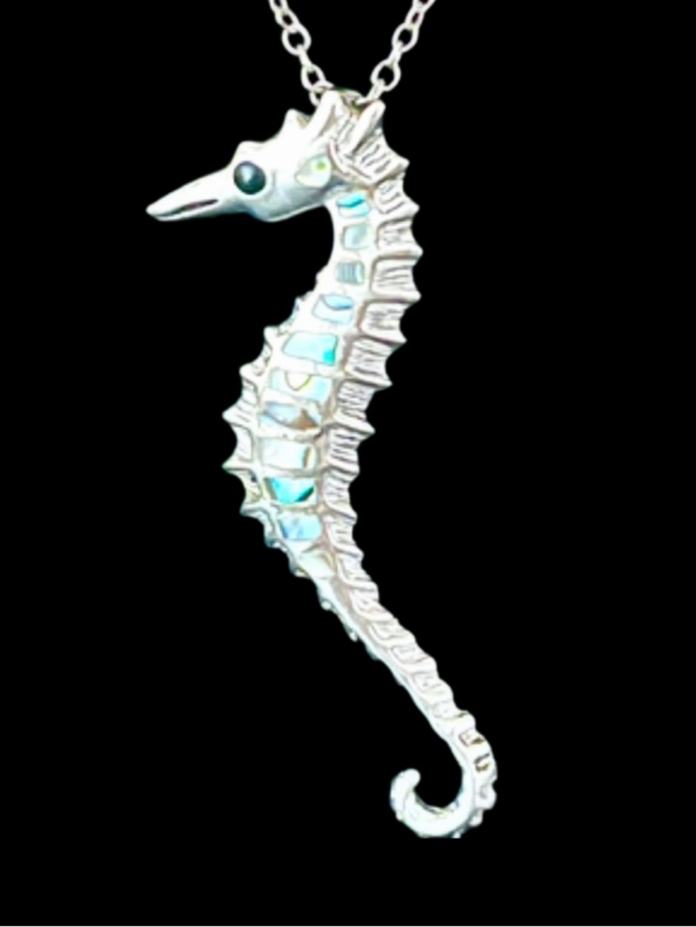 Sterling Silver Seahorse Pendant Necklace with Abalone Iridescent Inlay